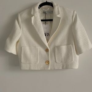 Zara White Textured Cropped Blazer